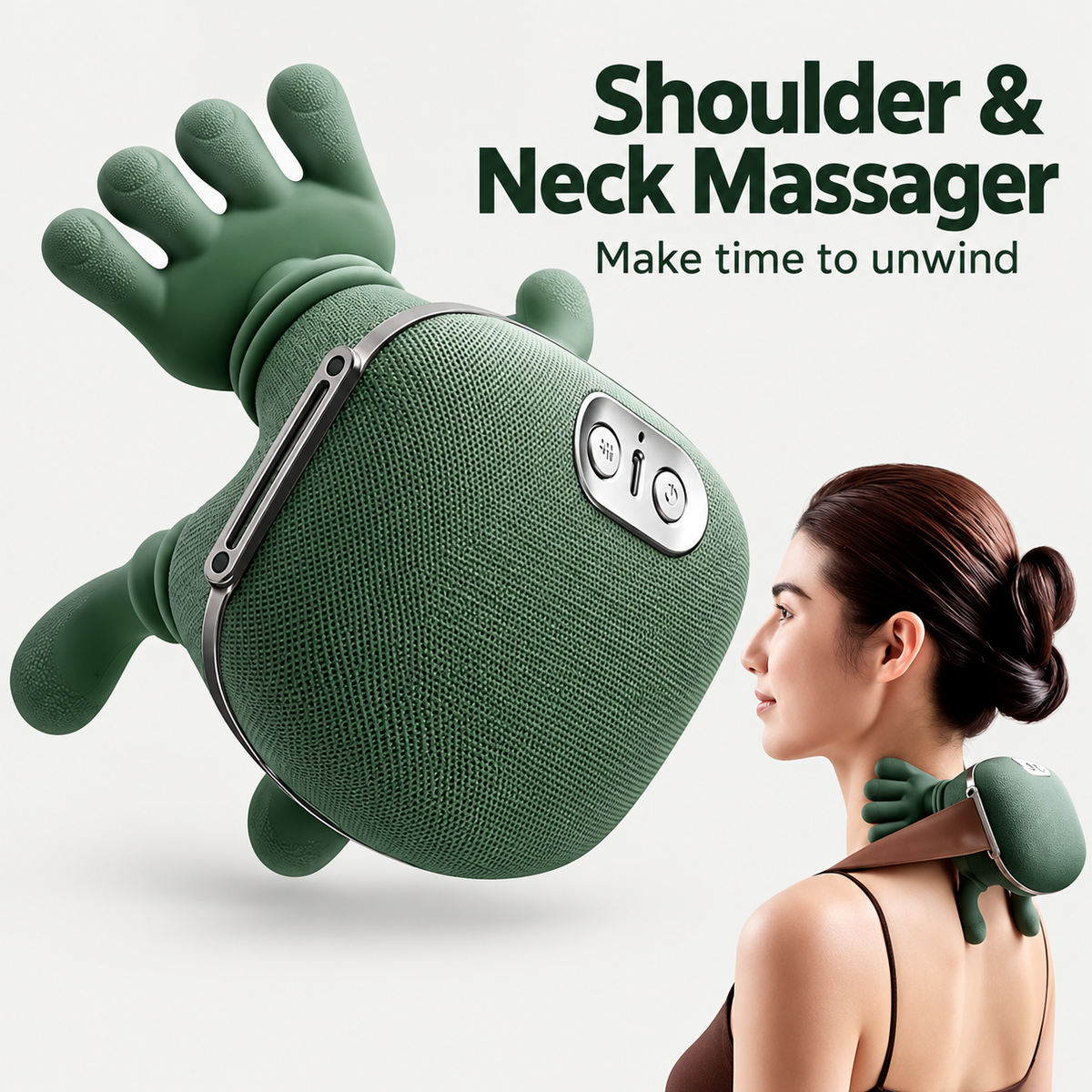 Easely heated neck and shoulder massager in green with hand-shaped kneading arms
