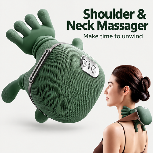 Easely heated neck and shoulder massager in green with hand-shaped kneading arms