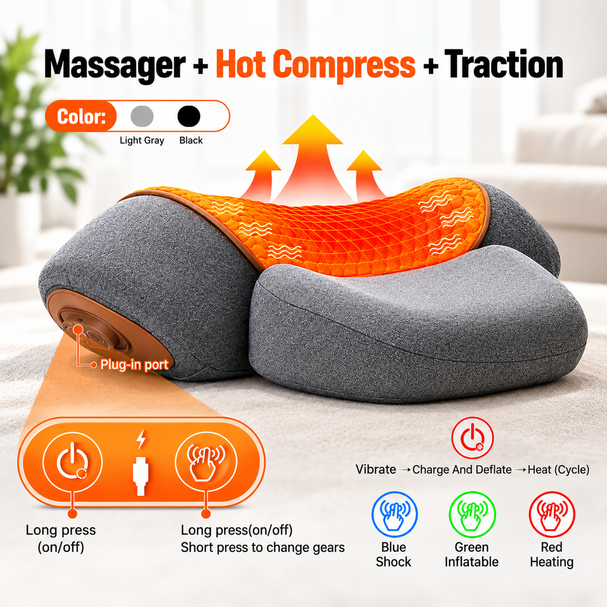 Easely heated neck stretcher, heat, massage and traction version