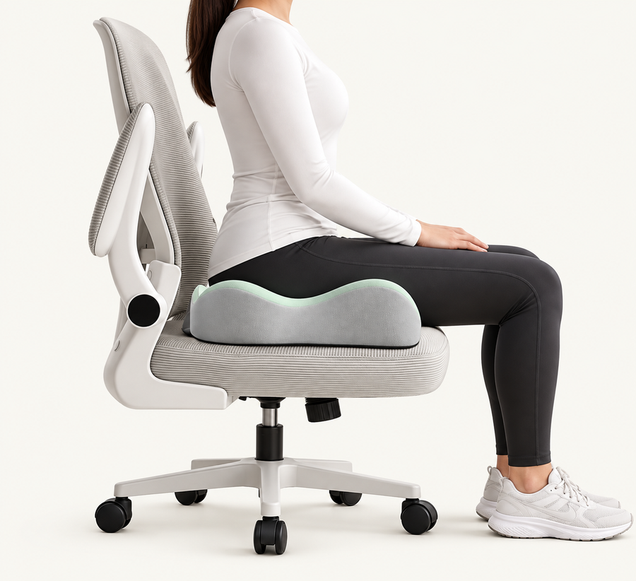 Woman sitting upright on an office chair with the green Easely seat cushion