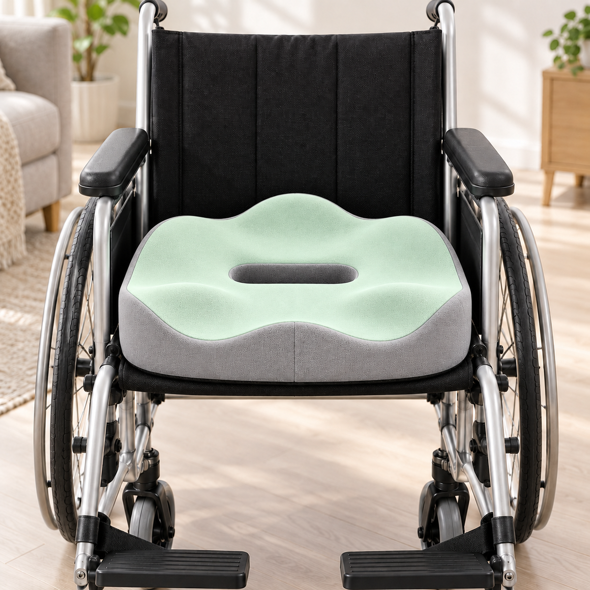 Green Easely memory foam seat cushion on a wheelchair seat