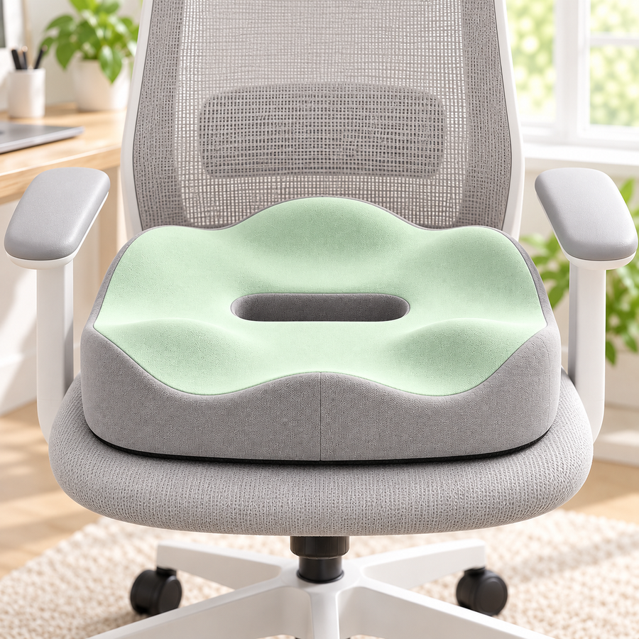 Green Easely seat cushion on a grey ergonomic office chair